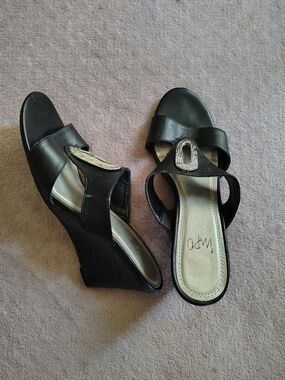 Impo Black Wedge Slide Sandals with Silver Accent